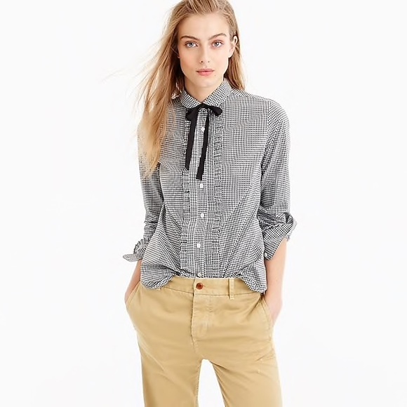 J. Crew Tops - 🎄J. Crew Gingham Neck Tie Shirt with Ruffles